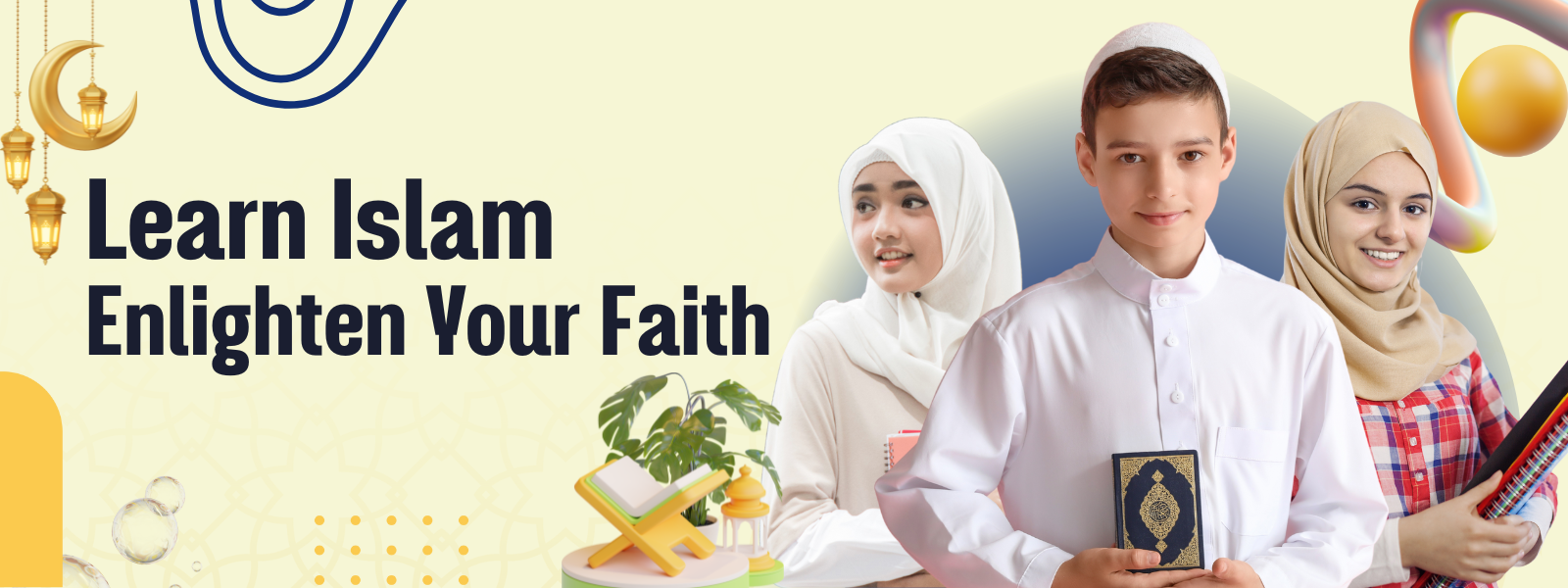 Promotional banner with text 'Learn Islam, Enlighten Your Faith' featuring people in religious attire. MuslimUni