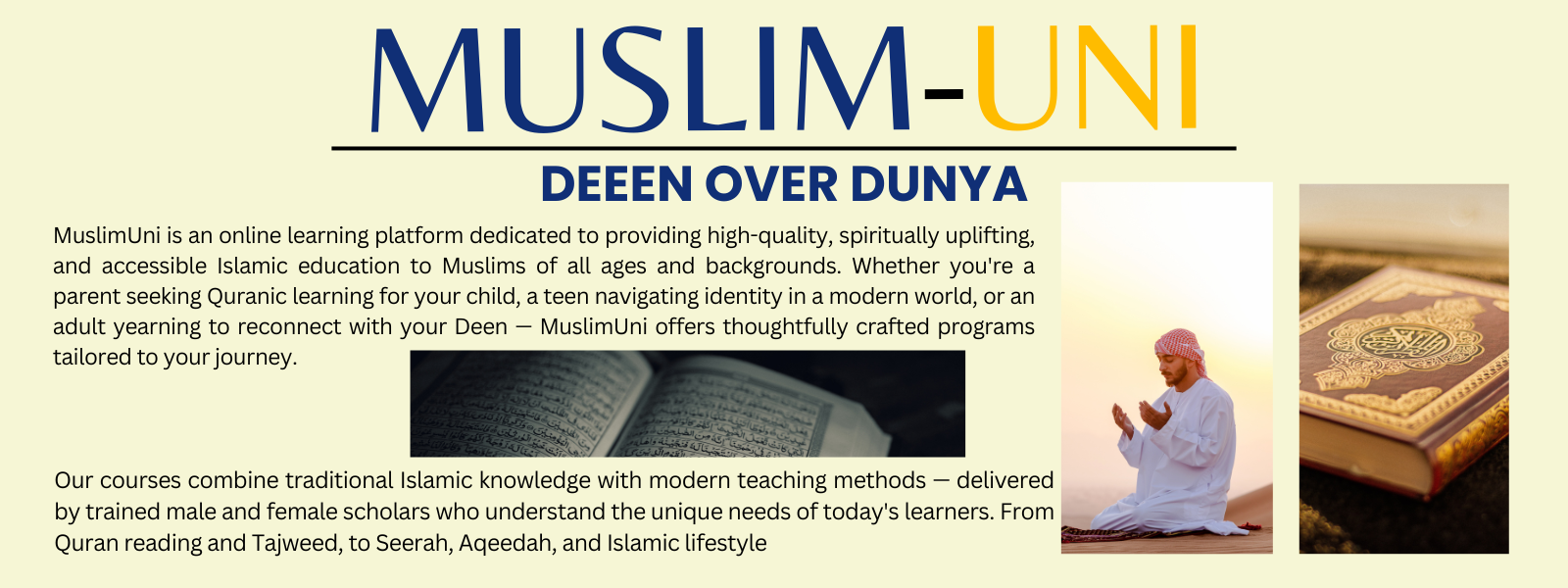 MuslimUni with text and images of a person praying and Quran.