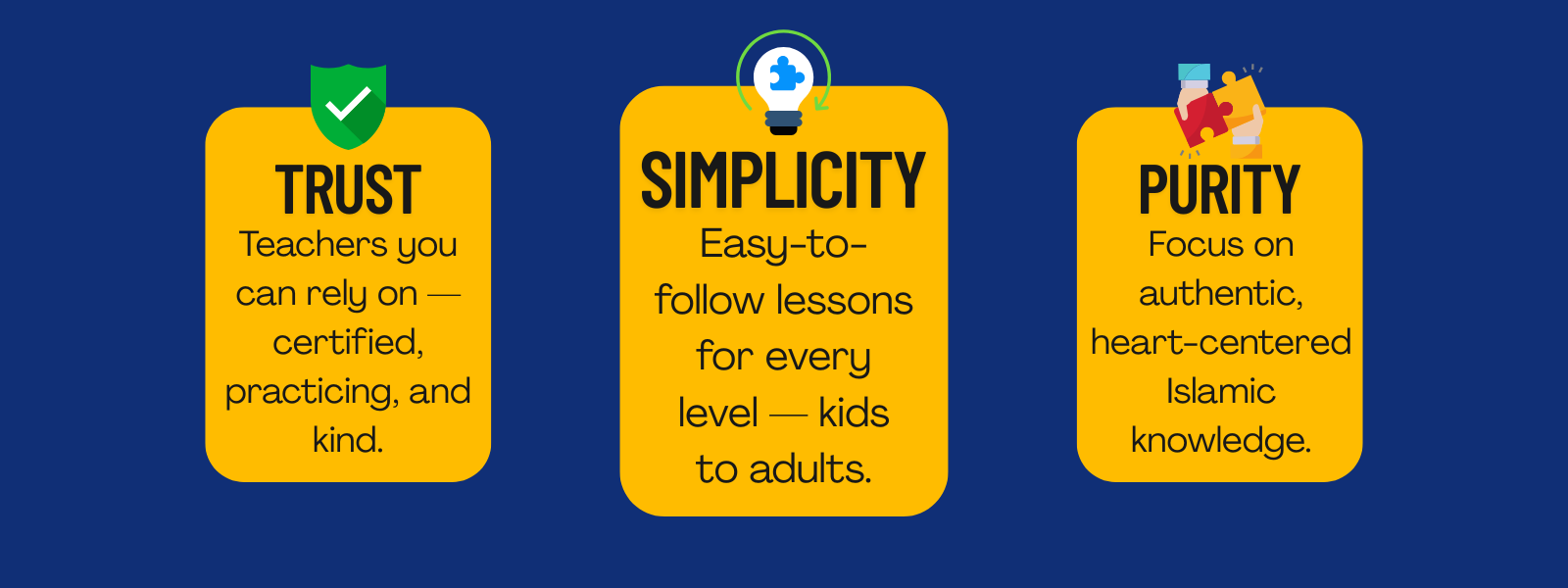 Three Islamic value cards showing Trust, Simplicity, and Purity – core principles of MuslimsUni educational platform