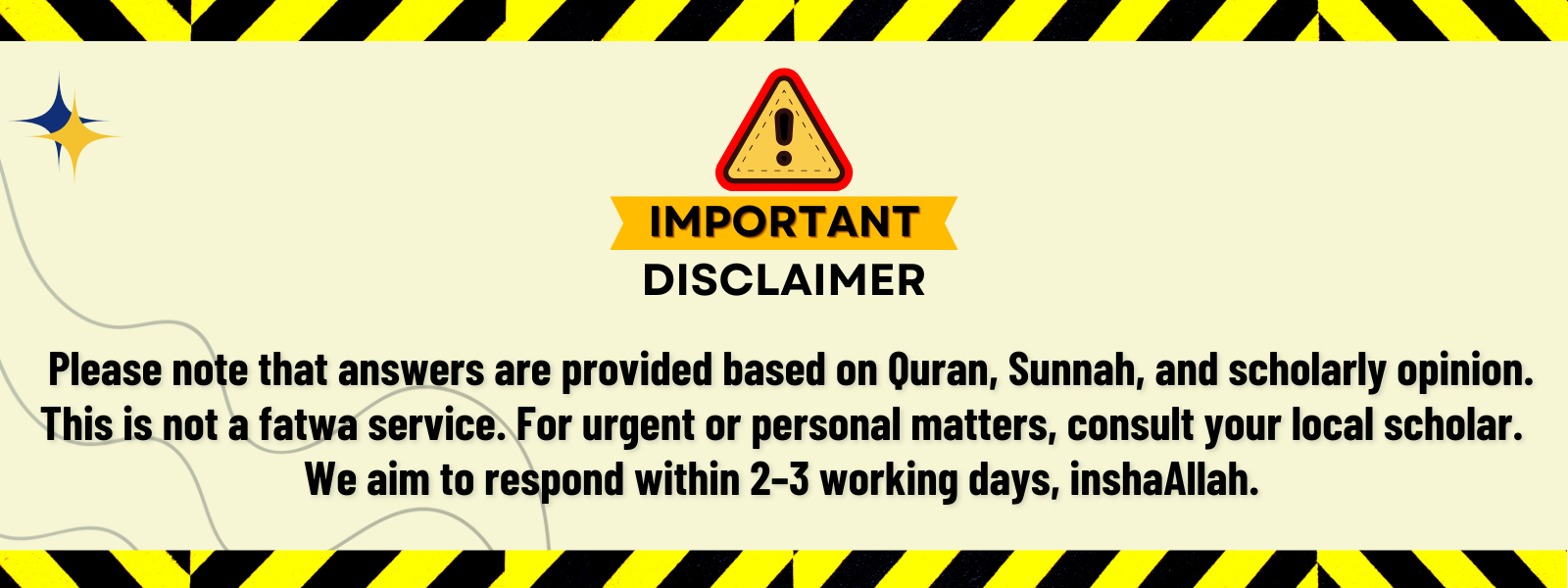 Important disclaimer banner with warning symbols on a yellow background