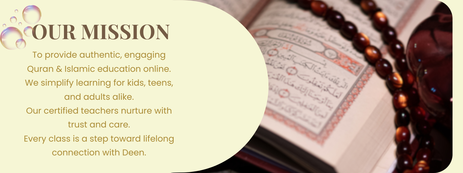 Mission statement for Quran and Islamic education with a prayer rug and rosary in the background.
