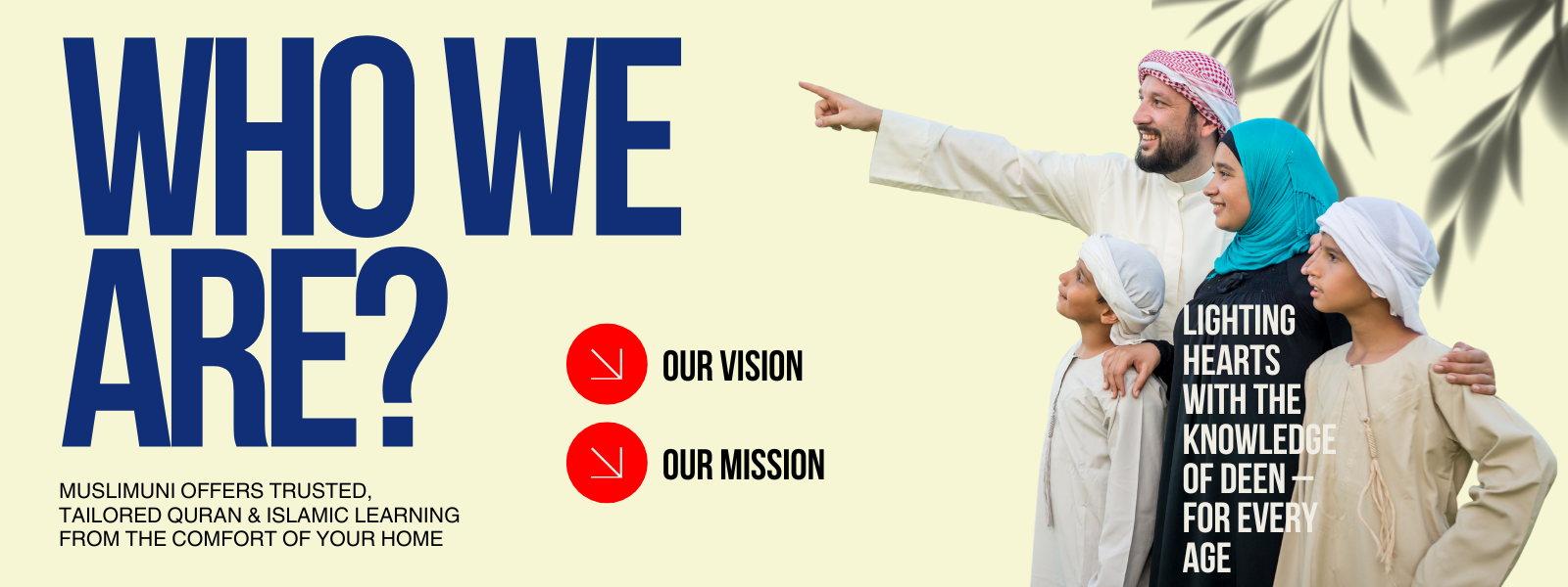 MuslimsUni mission and vision banner featuring a Muslim family representing Islamic values, unity, and global education impact