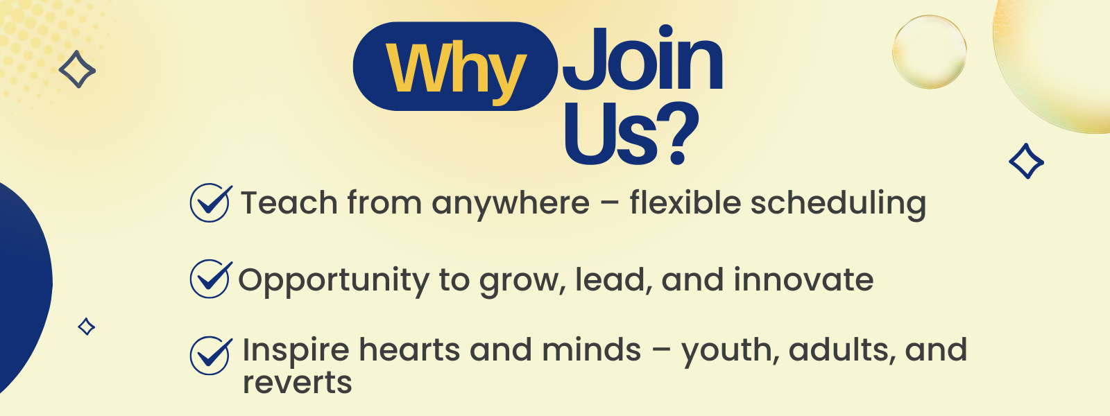 Promotional graphic with 'Why Join Us?' text and bullet points on a beige background